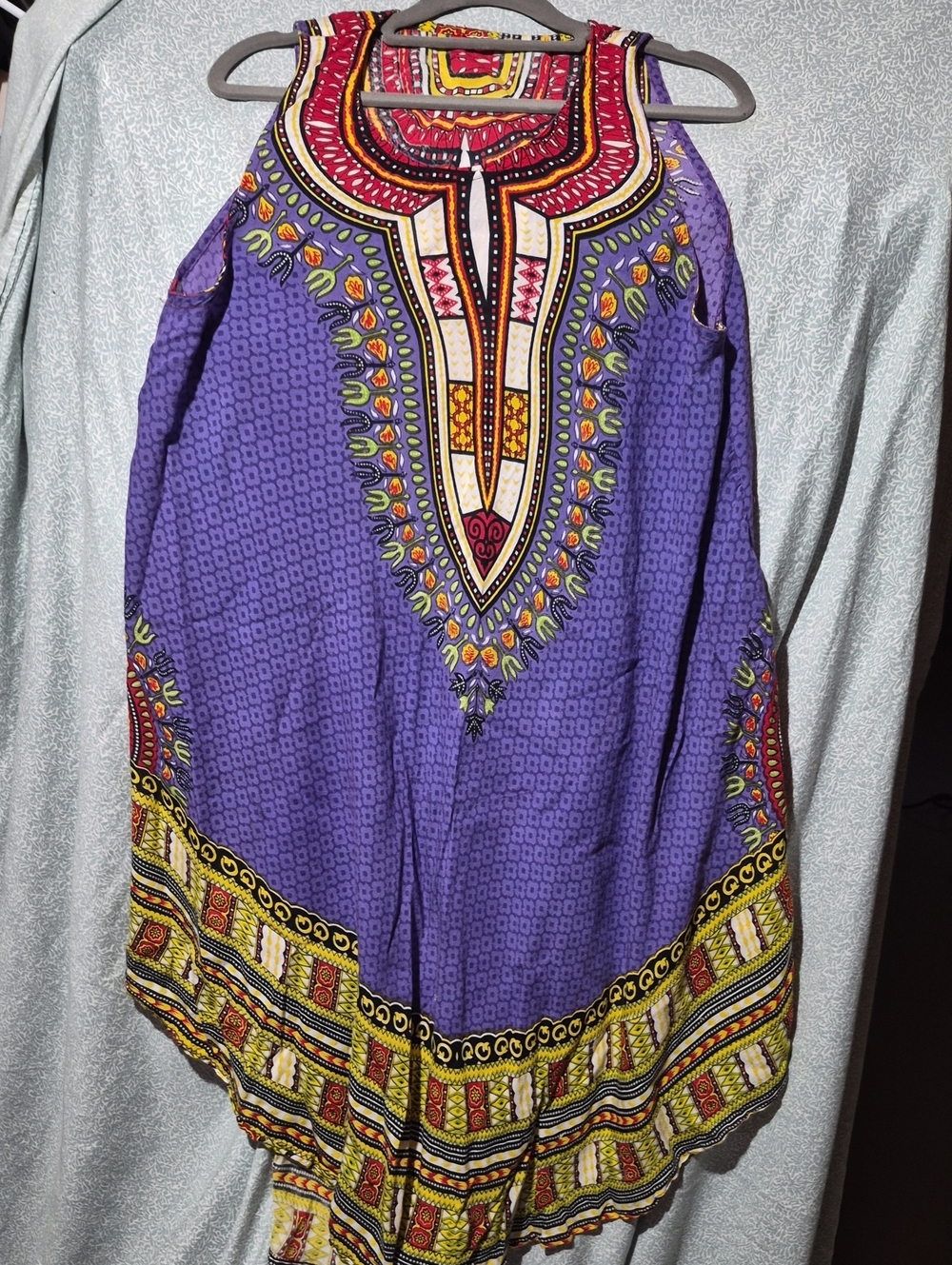 Purple Dashiki-Style Sleeveless Tunic with Multicolor Trim